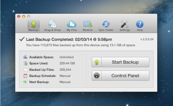 YesBackup's desktop app for Mac